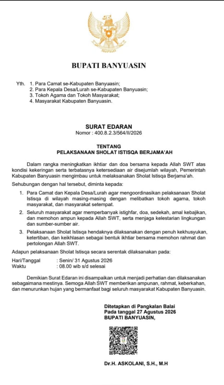 Pemkab Banyuasin Keluarkan Surat Edaran Pelaksanaan Sholat Istisqa Berjamaah Atasi Kekeringan