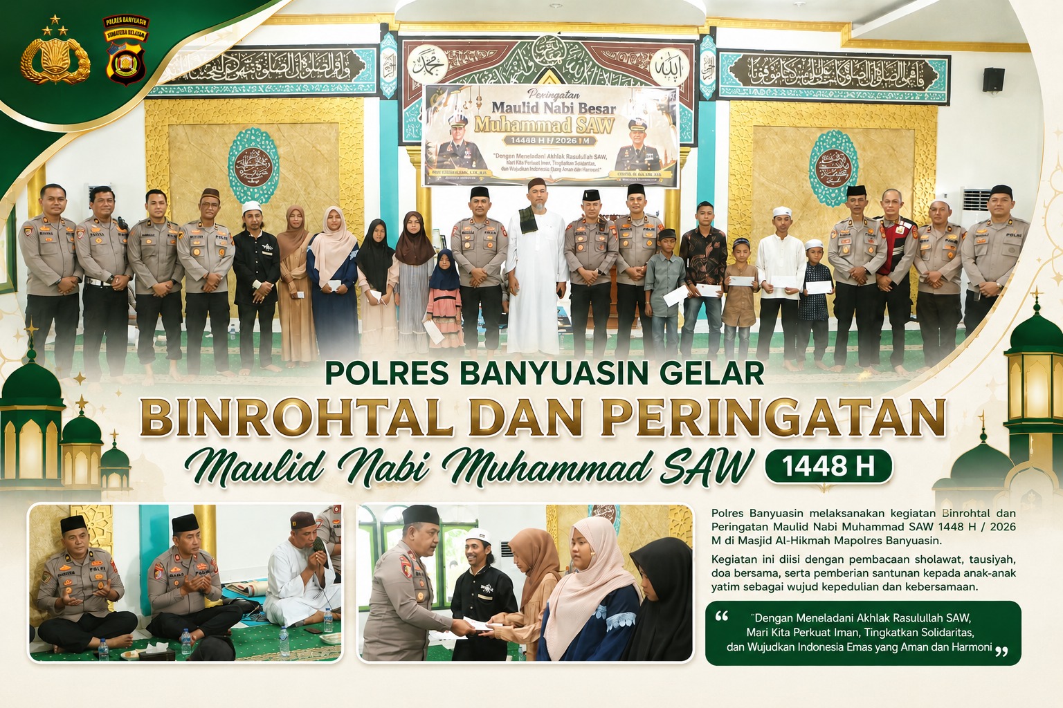 Polres Banyuasin Gelar Binrohtal dan Peringatan Maulid Nabi 1448 H, Perkuat Karakter Personel yang Humanis