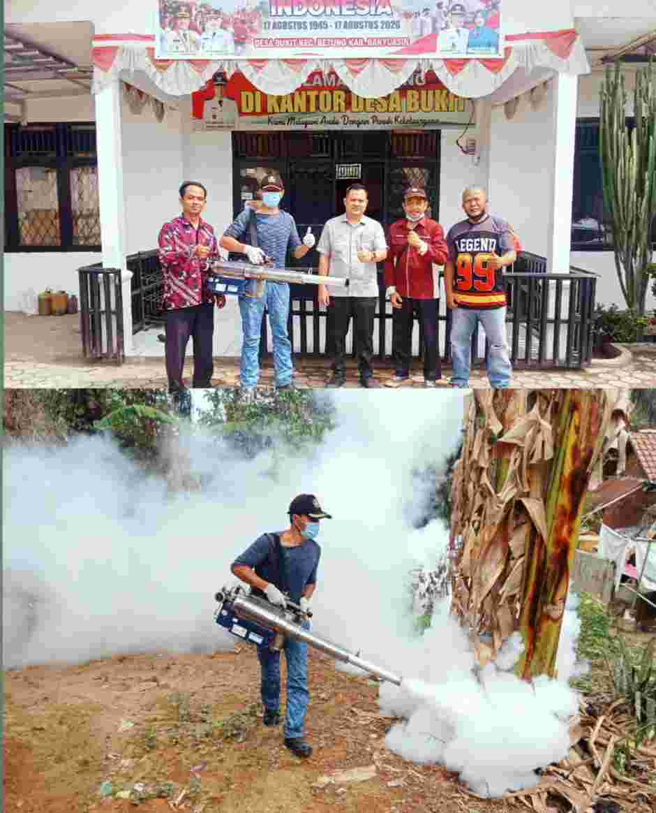 Antisipasi Penyakit Menjelang Musim Hujan, Pemdes Bukit dan Puskesmas Betung Kota Gelar Fogging Masal